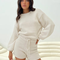 Harmony Balloon Sleeve Knit Romper Beige