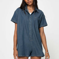 Dottey Denim Romper Dark Wash