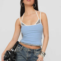 Franki Halter Layered Top Blue Multi Stripe