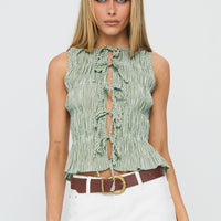 Apero Shirred Tie Front Top Green / White Stripe