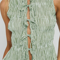 Apero Shirred Tie Front Top Green / White Stripe
