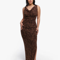 Shapewear Leopard Cowl Neck Ruched Sculpting Maxi Dress