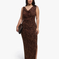 Shapewear Leopard Cowl Neck Ruched Sculpting Maxi Dress