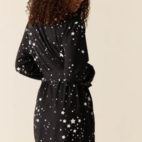 Quinn Cloud Jersey Banded Short Robe in Black Stars