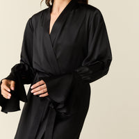 Juliette Luxe Satin Cuff Robe in Black