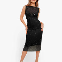 Shapewear Two-in-One Heat-Set Crystal Mesh Slim Midi Dress