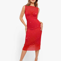 Shapewear Two-in-One Heat-Set Crystal Mesh Slim Midi Dress