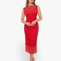 Shapewear Two-in-One Heat-Set Crystal Mesh Slim Midi Dress