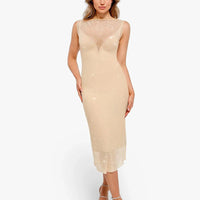 Shapewear Two-in-One Heat-Set Crystal Mesh Slim Midi Dress