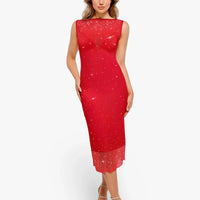 Shapewear Two-in-One Heat-Set Crystal Mesh Slim Midi Dress