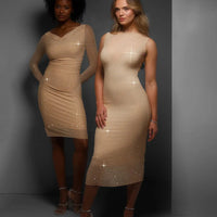 Shapewear Two-in-One Heat-Set Crystal Mesh Slim Midi Dress