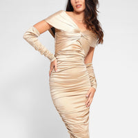 Shapewear Off-Shoulder Ruched Shine Sculpting Midi Dress
