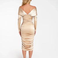 Shapewear Off-Shoulder Ruched Shine Sculpting Midi Dress