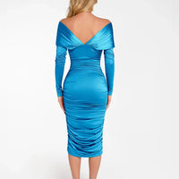 Shapewear Off-Shoulder Ruched Shine Sculpting Midi Dress