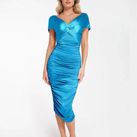 Shapewear Off-Shoulder Ruched Shine Sculpting Midi Dress