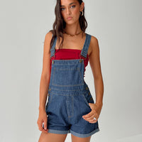Kacey Short Overalls Mid Blue Pinstripe