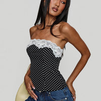 Ettore Lace Trim Strapless Top Black Polka