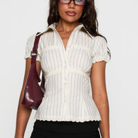 Deserve You Puff Sleeve Button Front Top Cream Stripe
