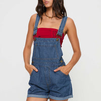 Kacey Short Overalls Mid Blue Pinstripe