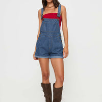 Kacey Short Overalls Mid Blue Pinstripe