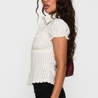 Deserve You Puff Sleeve Button Front Top Cream Stripe