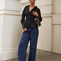 As You Are Shirred Button Up Top Black