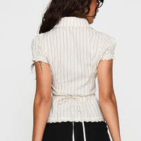 Deserve You Puff Sleeve Button Front Top Cream Stripe