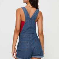 Kacey Short Overalls Mid Blue Pinstripe