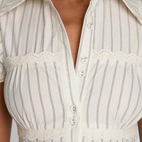 Deserve You Puff Sleeve Button Front Top Cream Stripe