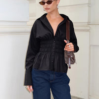 As You Are Shirred Button Up Top Black