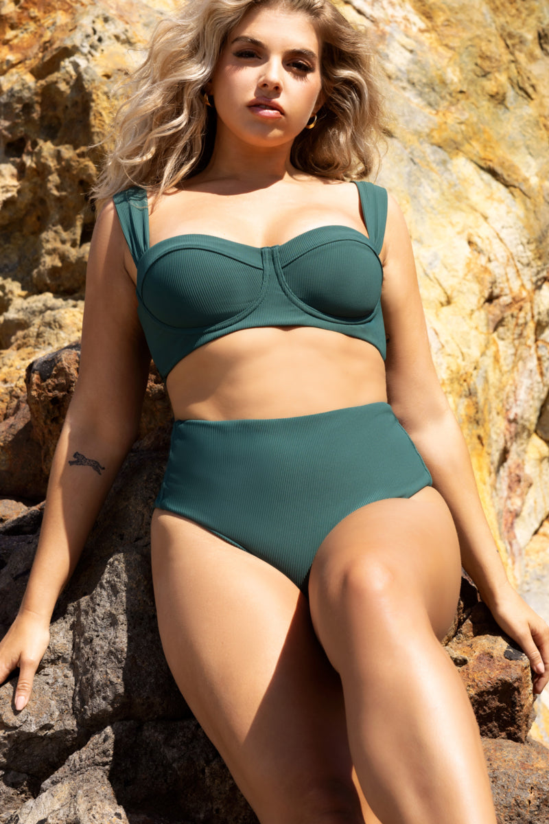 High Tide Cheeky Bikini Bottoms - Green Rib