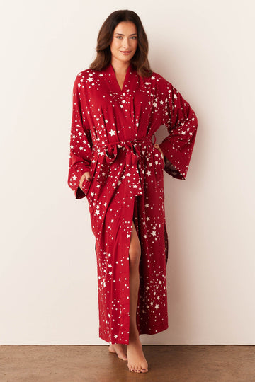 Kaia Cloud Jersey Kimono Robe in Red Stars