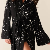 Kaia Cloud Jersey Kimono Robe in Black Stars