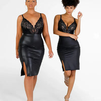 Shapewear Sculpting Faux Leather Front Slit Midi Skirt