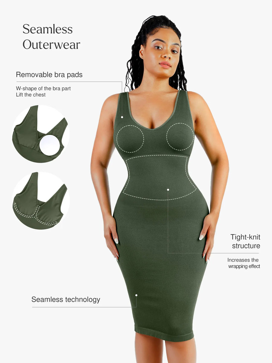 Shapewear Deep V-Neck Tummy Control  Midi Dress