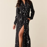 Skyler Cloud Jersey Banded Long Robe in Black Stars