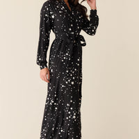 Skyler Cloud Jersey Banded Long Robe in Black Stars