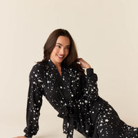 Skyler Cloud Jersey Banded Long Robe in Black Stars
