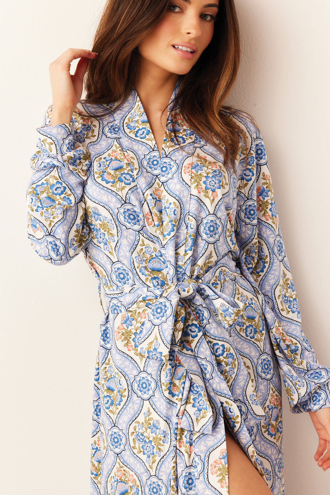 Skyler Cloud Jersey Banded Long Robe in Villeroy