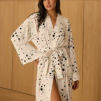 Kaia Cloud Jersey Kimono Robe in White Stars