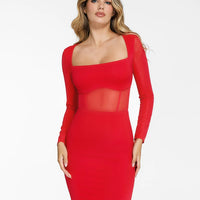 Shapewear Long Sleeve Mesh Inset Bodycon Midi Dress