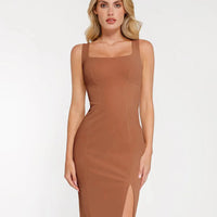 Shapewear Faux Nubuck Bodycon Sculpting Slit Midi Dress