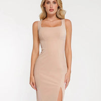 Shapewear Faux Nubuck Bodycon Sculpting Slit Midi Dress