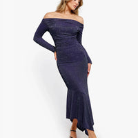 Shapewear Metallic Knit Long Sleeve Slim Mermaid Maxi Dress