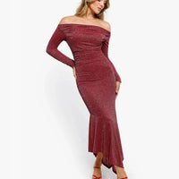 Shapewear Metallic Knit Long Sleeve Slim Mermaid Maxi Dress