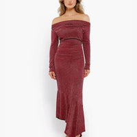 Shapewear Metallic Knit Long Sleeve Slim Mermaid Maxi Dress