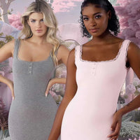 Shapewear Modal Slimming Lace Trim Henley Tank Maxi Dress