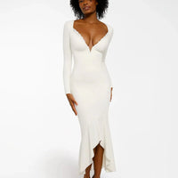 Shapewear Long Sleeve Lace Trim Sculpting Mermaid Maxi Dress