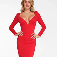 Shapewear Lace Trim V-Neck Long Sleeve Bodycon Mini Dress