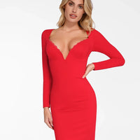 Shapewear Lace Trim V-Neck Long Sleeve Bodycon Mini Dress